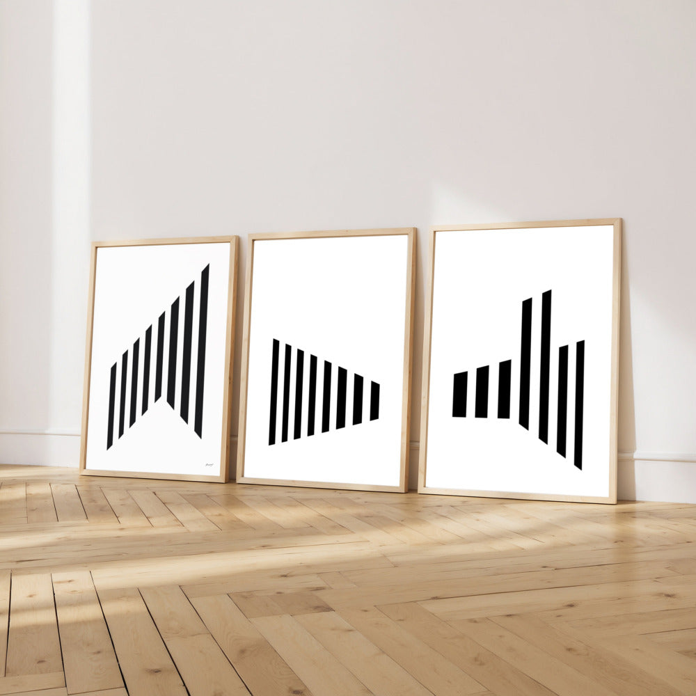 Stripscape: Minimalist Set of 3 Black & White Abstract Art Prints